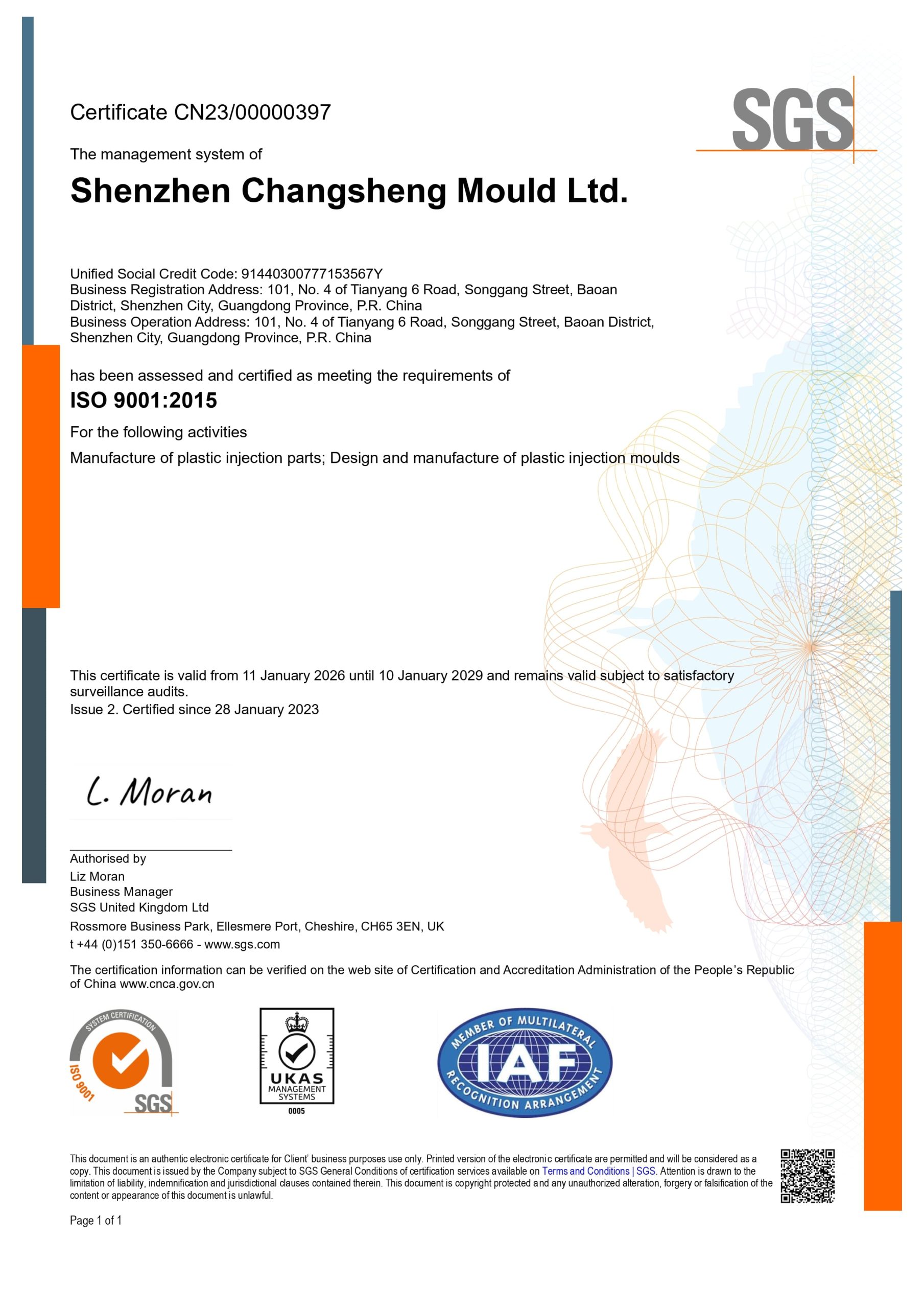 ISO 9001:2015 Certificate by SGS